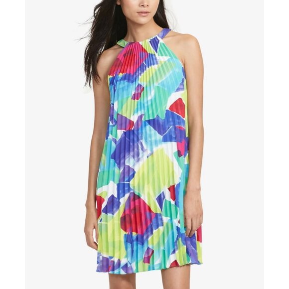 Lauren Ralph Lauren Pleated Halter Dress Abstract Multicolor Retro Party Size 12 - Picture 1 of 10